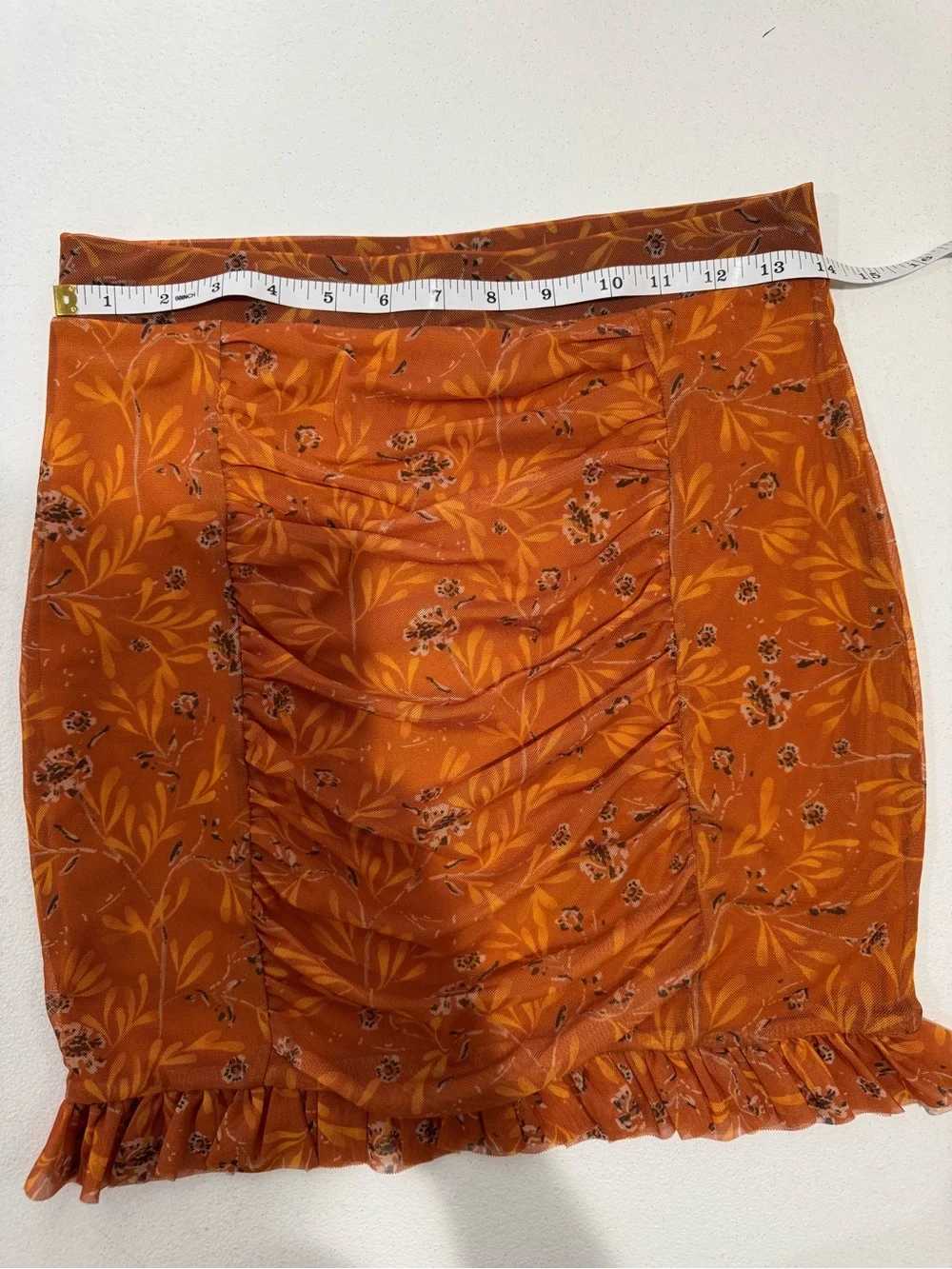 Free People Romi Mesh Ruffle Mini Skirt Orange Floral Ruched Size S